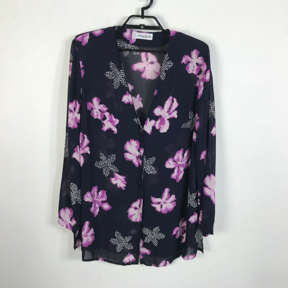 Vintage Schmeinck Blouse‎ Size XL Floral Multicolor Long Sleeve Chiffon Rayon